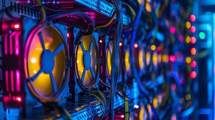 The energy pulses seem to have a life of their own flowing seamlessly from one machine to the next in the Crypto Mining Farm.