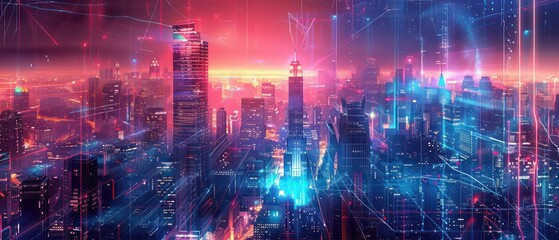 Fototapeta premium high tech and futuristic low angle illustration of a urban cityscape with modern architecture, amazing perspective and neon light effects