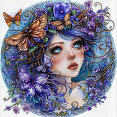 Girl with blue eyes, adorned with butterflies and flowers in her hair, epitomizes fantasy fairy-tale drawing in blue tones. Beauty and harmony of youth.