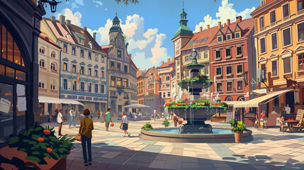 Obraz premium Vibrant European City Square with Historic Buildings and Central Fountain