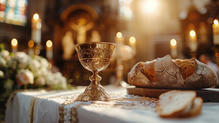 A close-up of a communion chalice and bread on an altar, represents the Eucharist. 