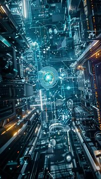 A futuristic tunnel illuminated by a central blue light, adorned with intricate circuit patterns