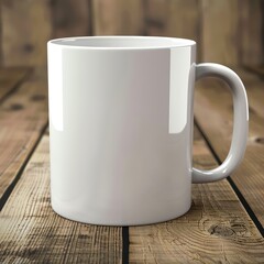 white coffee mug mockup on a wooden surface