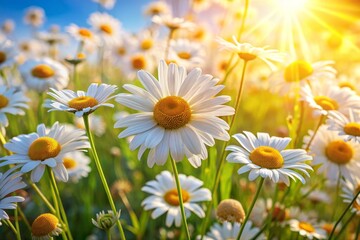 Fototapeta premium A field of white daisies with the sun shining on them