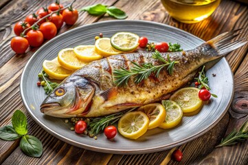 A fish is on a white plate with tomatoes and lemons