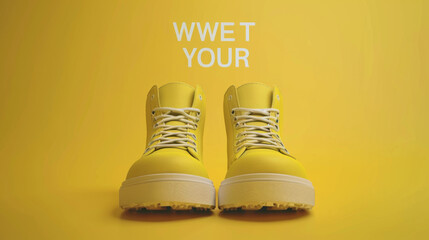 Bright yellow boots on a matching yellow background with the text "Wwet Your" above, creating a playful visual.