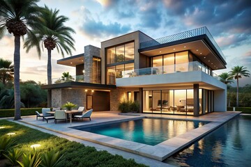 Fototapeta premium A large house with a pool and a balcony