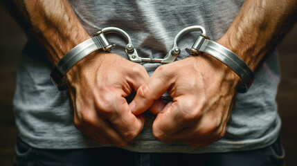 Closeup of man's tense hands in handcuffs. Dramatic studio lighting.