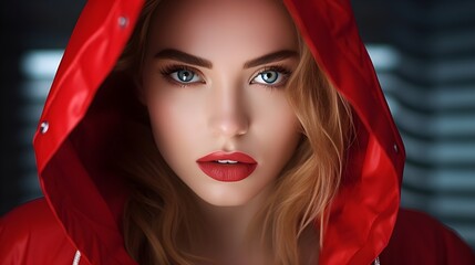 Closeup of a women blue eyes brown hair red hoodie.