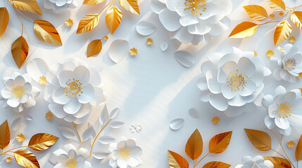 elegant abstract background with white paper flowers and golden leaves 3d render