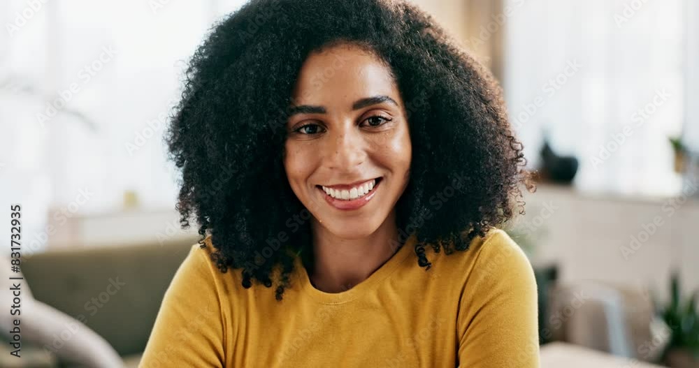 Poster Face, laptop and smile with remote work woman in living room of home for freelance employment. Portrait, small business or startup with happy person in apartment for development, planning or research