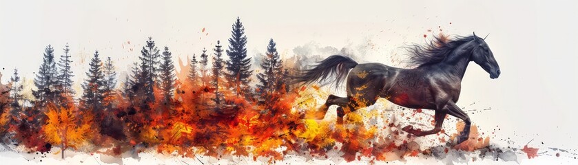 Fototapeta premium A dramatic artwork of a horse galloping through a fiery forest, symbolizing strength, freedom, and the destructive force of nature.
