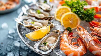 A vibrant seafood platter with shrimp, oysters, and lemon wedges, crushed ice, bright background, natural light, fresh and lively atmosphere, high-definition photography Sony A7 III 50mm lens f/2.8