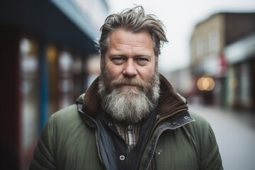 Obraz premium Portrait of a handsome bearded man with long gray beard and mustache in the streets of the city