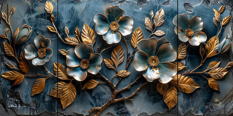 three panel wall art, marble background with golden and silver Teal Flower Plants designs, wall decoration