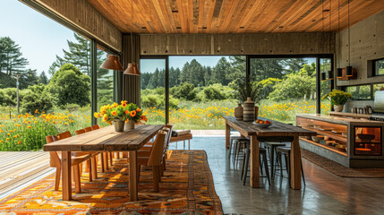 Fototapeta premium Natural brown shade dining room of a house resort by meadow wildflower
