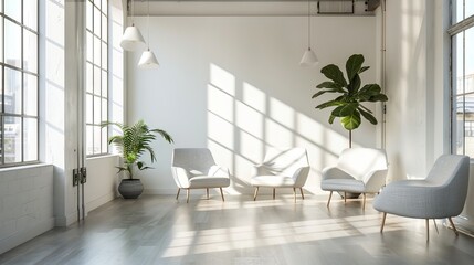 White room with large windows.