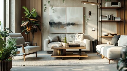 Living room with wooden walls and furniture.