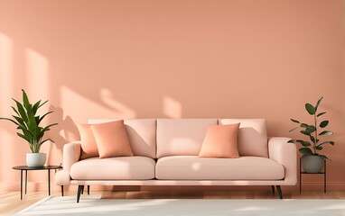  Livingroom with accent bright peach fuzz 2024 sofa and pale orange coral wall. Large sofa with cushions in velor fabric. Lounge area in the home. Mockup luxury design room and furniture. 3d render 