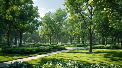 Naklejka premium An urban park with abundant greenery and trees, a natural solution to urban heat and air quality issues