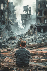 A man sits on the ground in front of a city reduced to rubble, looking sadly at his surroundings.
