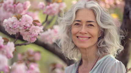 Fototapeta premium A middle-aged woman smiles in front of blooming cherry blossoms, dressed stylishly in soft pastel colors that complement the pink flowers.