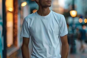 Man stands on street wearing white t-shirt.