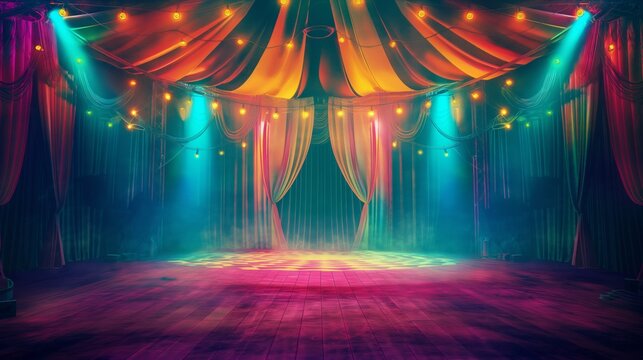 Vibrant circus stage with colorful lighting and drapes in the evening.