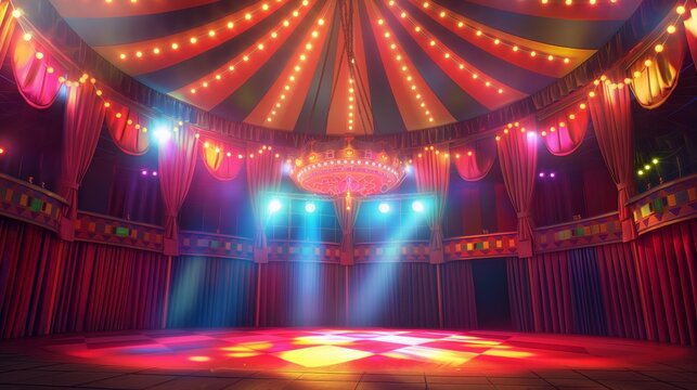 Vibrant circus stage with colorful lighting and drapes in the evening.