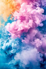 Vibrant smoke fills the air against a colorful backdrop, creating an abstract painting with a gradient effect and a blank space in the center.