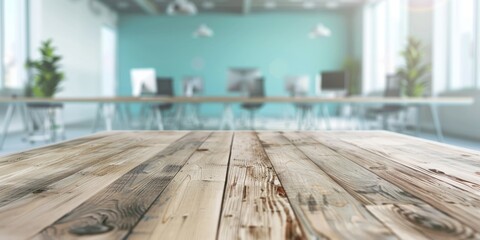 An empty wooden tabletop is set against a blurred background of an office interior, suitable for product display, with a light teal and white color scheme.