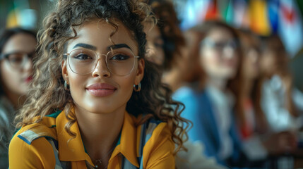 An immersive language and culture training program for global business professionals, with participants engaged in interactive activities and language lessons. Generative AI.