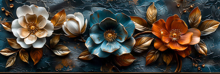 three panel wall art, marble background with golden and silver Teal Flower Plants designs, wall decoration