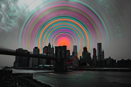 Rainbow circle radius graphic on monocolor of cityscape of skyscrapers, high buildings. street, sea, and bay on cloudy sky.