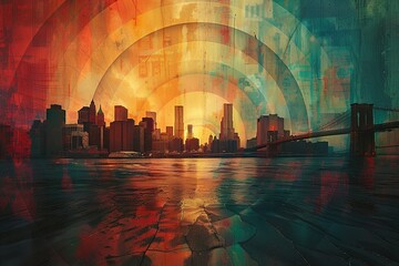 Rainbow circle radius graphic on monocolor of cityscape of skyscrapers, high buildings. street, sea, and bay on cloudy sky.