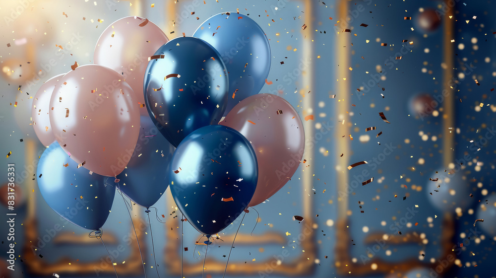 Poster Happy birthday background with luxury balloons and confetti. Generative AI.