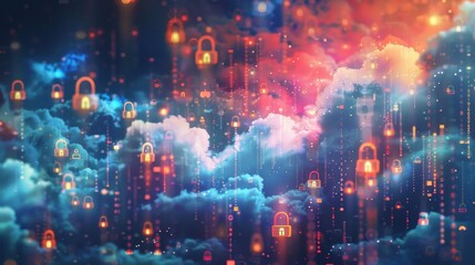 An abstract painting with clouds composed of digital locks representing the robust security measures in place for your crypto assets in the cloud.