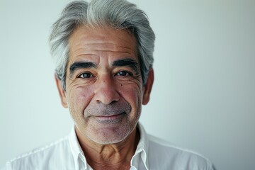 Obraz premium Portrait of senior man with grey hair and white shirt looking at camera