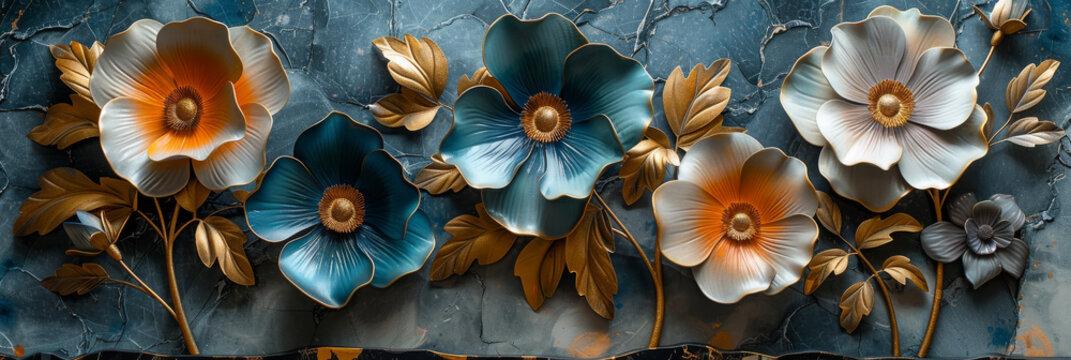 three panel wall art, marble background with golden and silver Teal Flower Plants designs, wall decoration