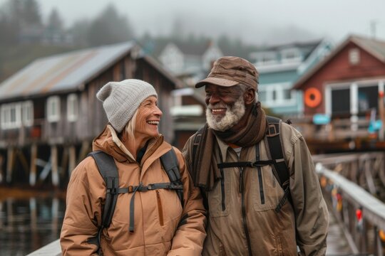 Title Elderly Interracial Couple Enjoying a Scenic Alaskan Village on a Misty Day During a Cultural Cruise Experience - Powered by Adobe