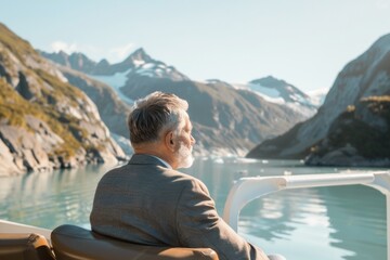Middle-Aged Caucasian Businessman Balancing Work and Exploration on Alaskan Cruise at Sunset