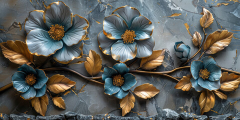 three panel wall art, marble background with golden and silver Teal Flower Plants designs, wall decoration