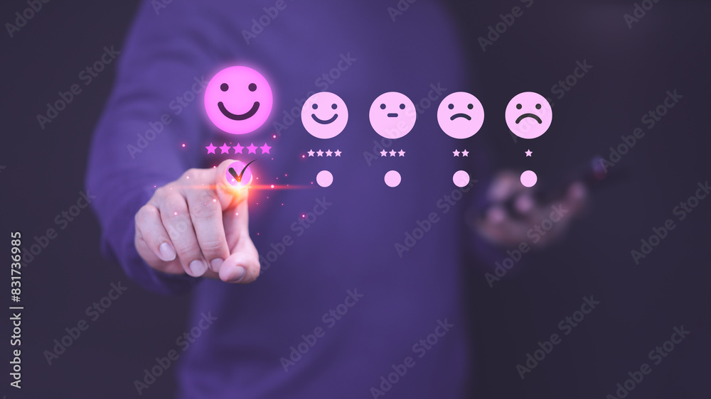 Poster customer hand touch the virtual screen on happy smile face icon to give satisfaction in service. bus