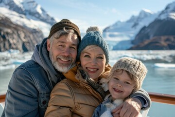 Family Enjoyment on Alaska Cruise: Middle-Aged Caucasian Trio Smiles Against Glacier Backdrop on Sunny Day
