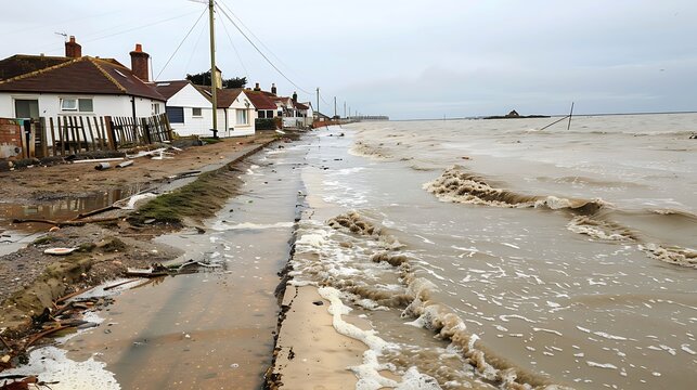 An area hit by coastal flooding, with water levels rising into communities, highlighting the impact of sea level rise