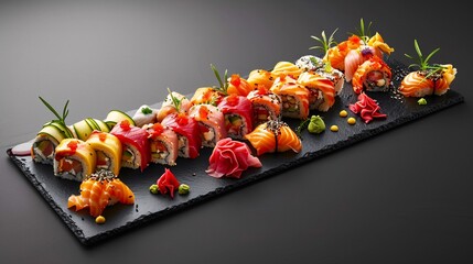 A vibrant spread of assorted sushi rolls with colorful garnishes, served on a sleek black slate platter