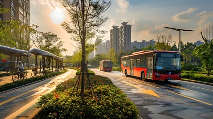 A cityscape with electric buses and bike lanes, promoting sustainable transportation to reduce urban carbon emissions