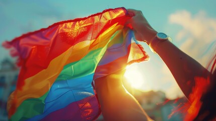 Fototapeta premium Embracing Diversity and Love: Close-up of Hands Holding LGBTQ+ Pride Flag in Ultra-Realistic 4K Resolution