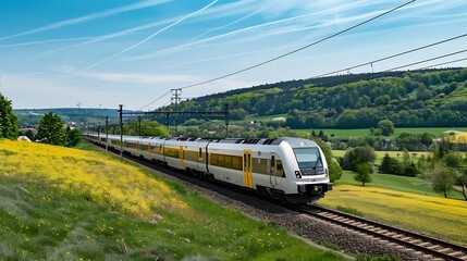 Naklejka premium An electric train passing through a rural landscape, highlighting the use of clean transportation options