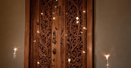 Enchanting Entry: A Carved Wooden Doorway Leading to a Private Bali Villa Bedroom. Selective focus